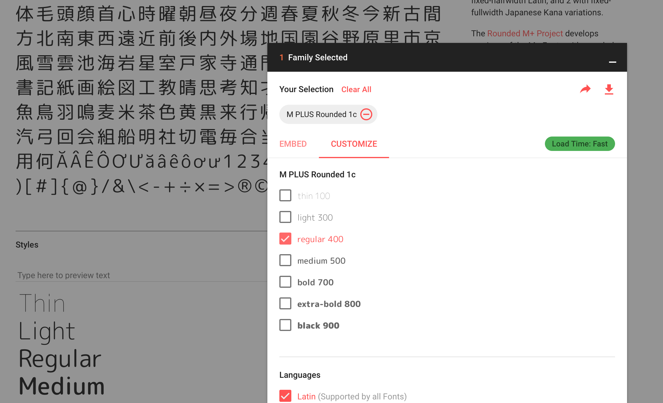 Google Fonts 日本語Webフォント M PLUS Rounded 1c選択画面