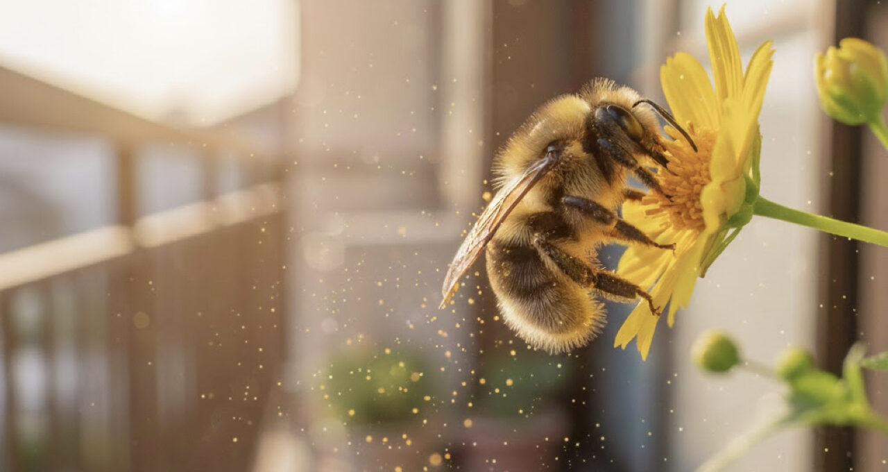 あたたかい日光のもと、ハチが花から蜜をもらい、花粉のようにラッキーをまぶしている