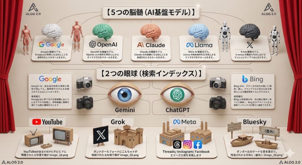 AIモデルに関するインフォグラフィック。Google、OpenAI、Claude、Llama、Xなどの脳のイラストと、それぞれの説明が表示されている。