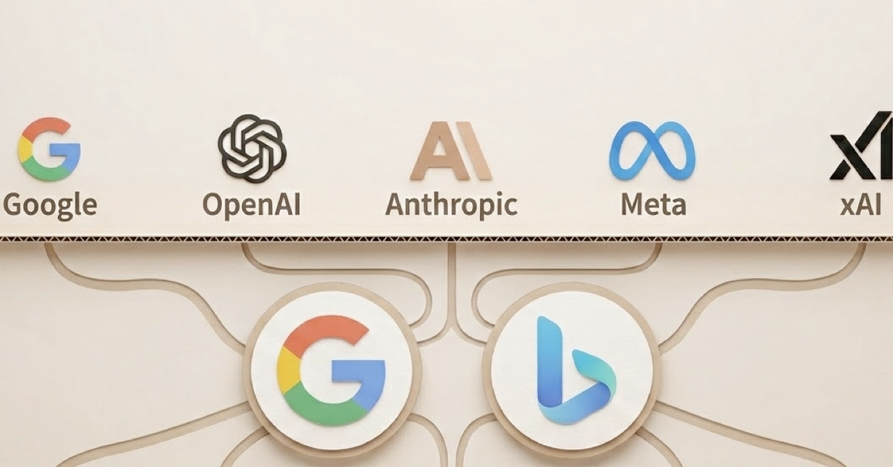 AI関連企業とその主要なAIチャットボットモデルを示す、エンボス加工された隆起ライン付きのインフォグラフィック。上部の横一列には、左からGoogle、OpenAI、Anthropic、Meta、xAIの企業ロゴと名前が並ぶ。下部には2つの大きな円形パネルがあり、左にはGoogleのマルチカラー'G'ロゴ、右にはBingのマルチカラー'b'ロゴがある。上部の企業ロゴから下部のモデル円形パネルへ、複雑に絡み合った隆起ラインが伸びており、Google、OpenAI、AnthropicはGeminiへ、OpenAI、Meta、xAIはChatGPTへと繋がっている。この図は、5つのAI企業（脳髄）が生成するデータが、2つの検索インデックス（眼球）に集約されるエコシステムを表している。