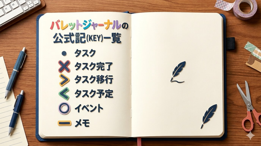 バレットジャーナルの公式記(キー)一覧が掲載されたページ。タスク、タスク完了、タスク移行、タスク予定、イベント、メモの項目が示されている。