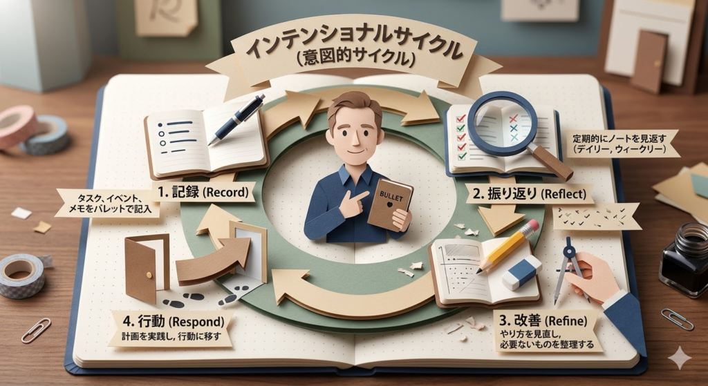 インテンショナルサイクルを示すイラスト。記録、振り返り、改善、行動のステップが描かれたノートとキャラクターが中心に配置されている。