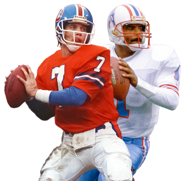 アメリカンフットボールの選手がパスを投げようとしているシーン。赤いユニフォームの選手がボールを持ち、青いユニフォームの選手が背後で迫っている。